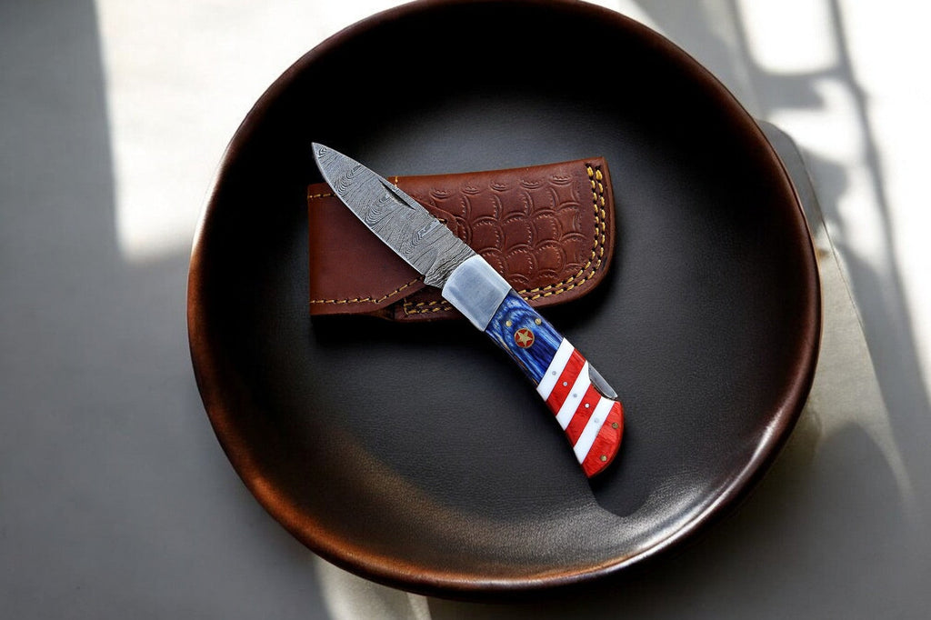 Handmade Damascus Folding Knife with Exotic Pakka Wood