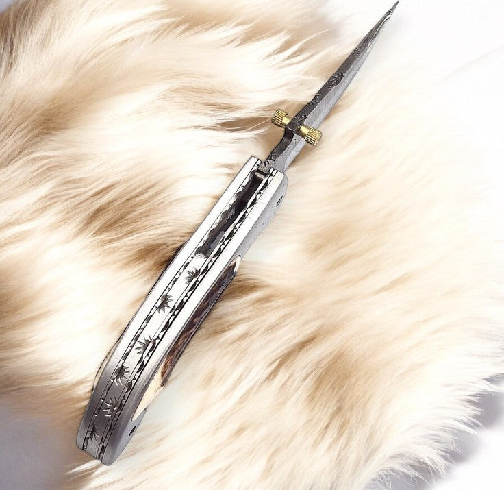 Handmade Damascus Pocket Knife – Stag Horn Handle, 3”