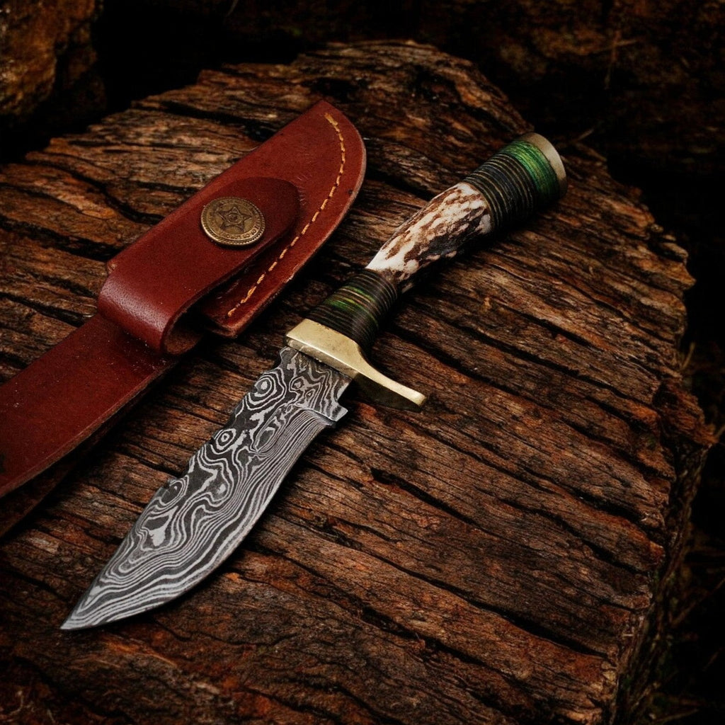 Handmade Damascus Bowie Knife – Antler Horn Handle