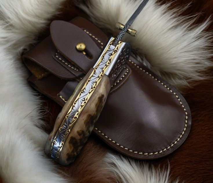 Custom Handmade Damascus Steel Pocket Knife – Sheep Horn