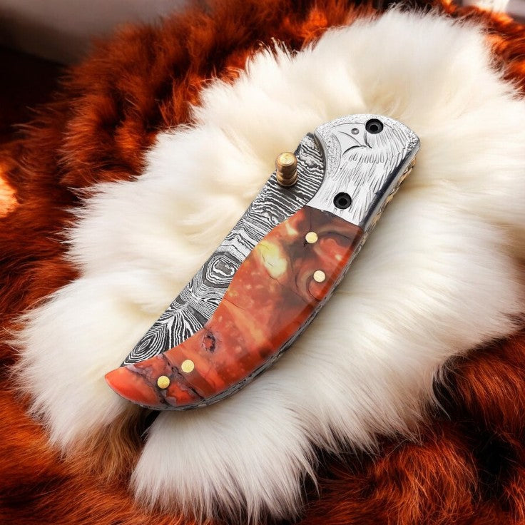 Handmade Damascus Pocket Knife – Epoxy Resin Handle