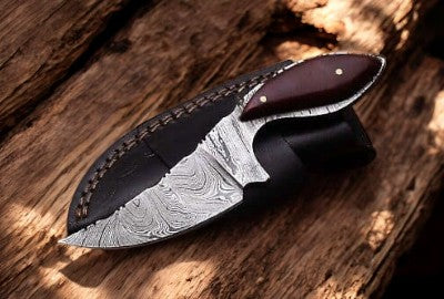Handmade Damascus Hunting Knife with Wood Handle & Sheath