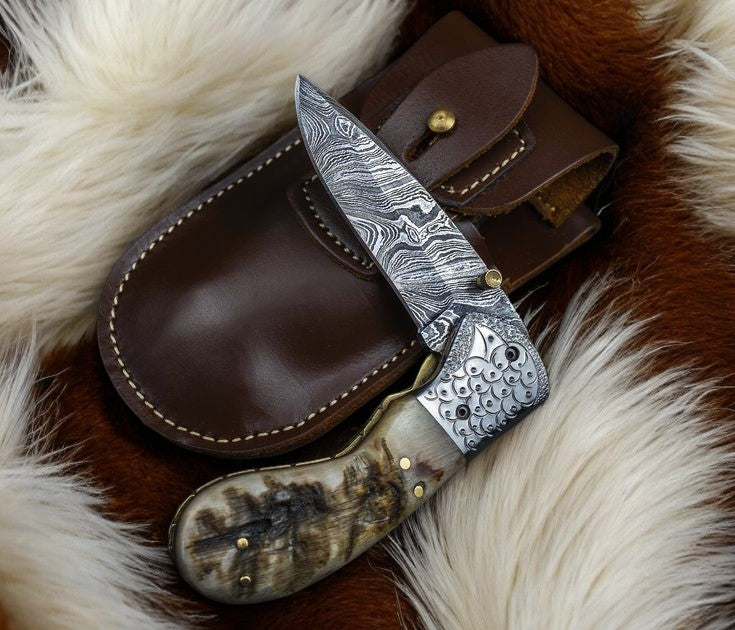 Custom Handmade Damascus Steel Pocket Knife – Sheep Horn