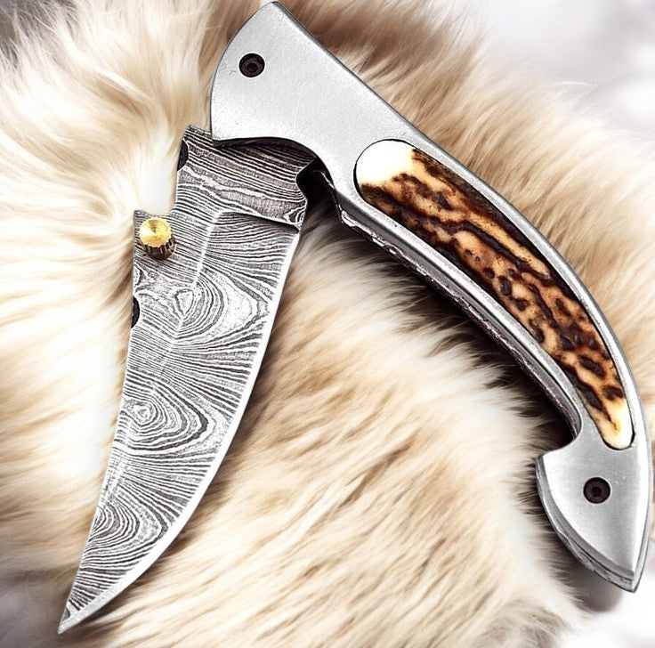Handmade Damascus Pocket Knife – Stag Horn Handle, 3”
