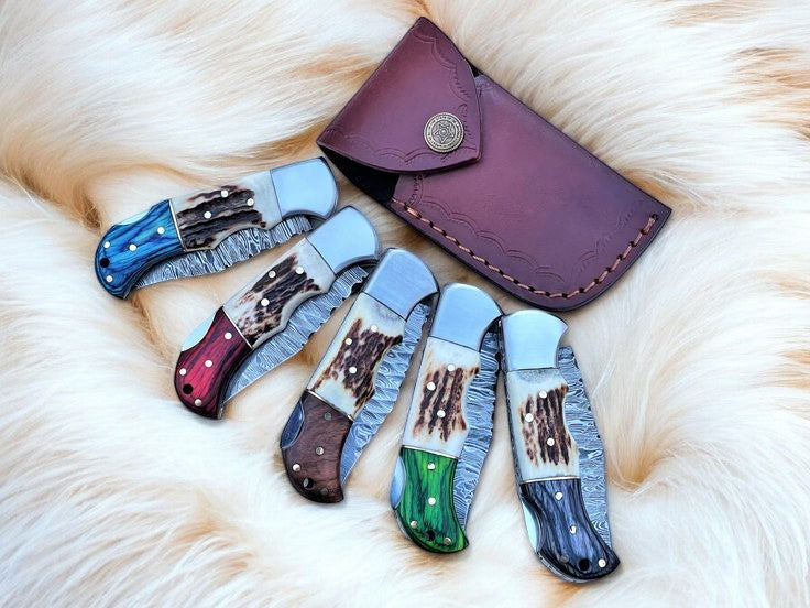 Handmade Damascus Folding Knife | Stag & Exotic Wood