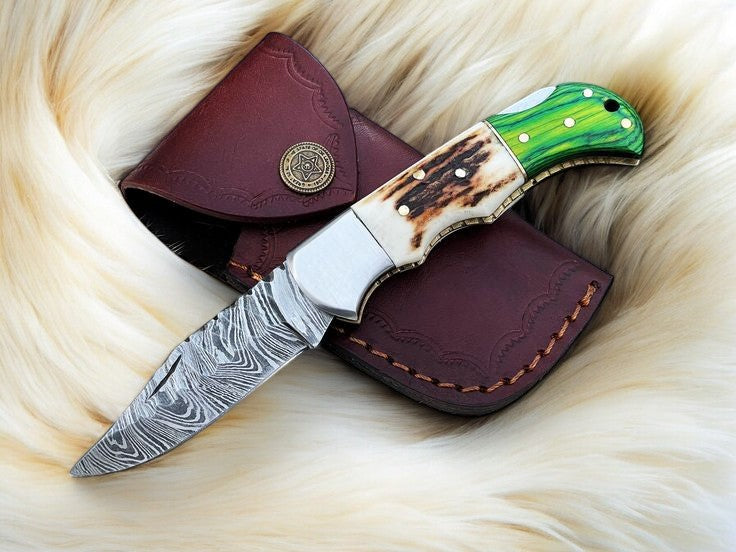 Handmade Damascus Pocket Knife | Stag & Pakka Wood Handle