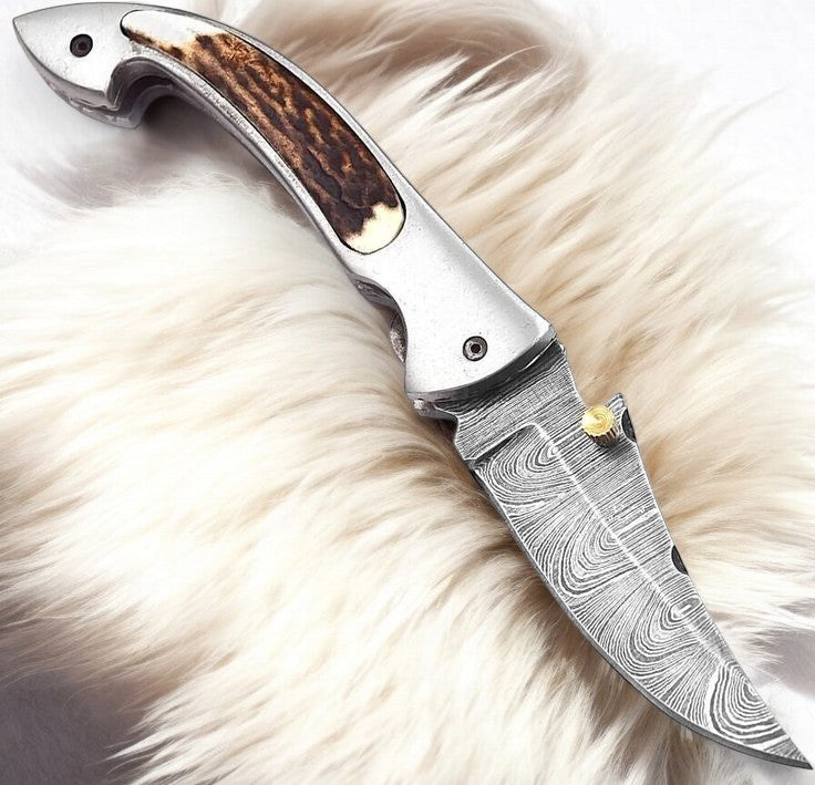 Handmade Damascus Pocket Knife – Stag Horn Handle, 3”
