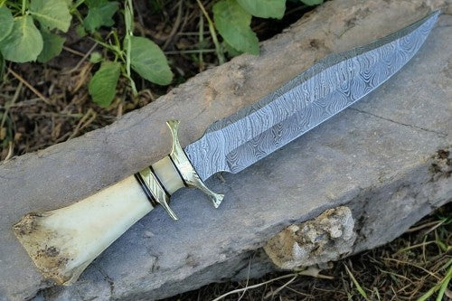 Handmade Damascus Bowie Knife with Bone Handle – 15”