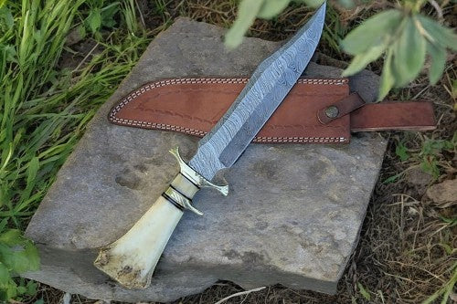 Handmade Damascus Bowie Knife with Bone Handle – 15”