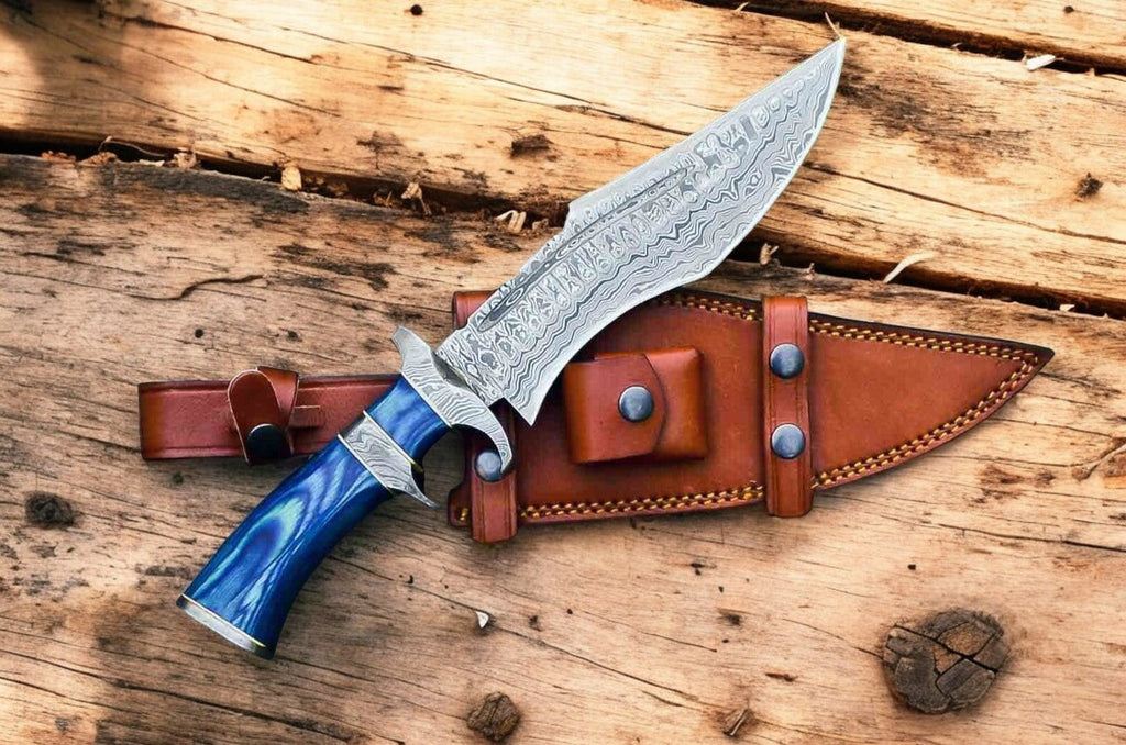 Handmade Damascus Bowie Knife – 15" with Exotic Wood Handle