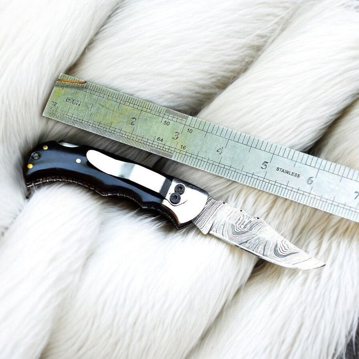 Handmade Damascus Pocket Clip Knife – Buffalo Horn Handle