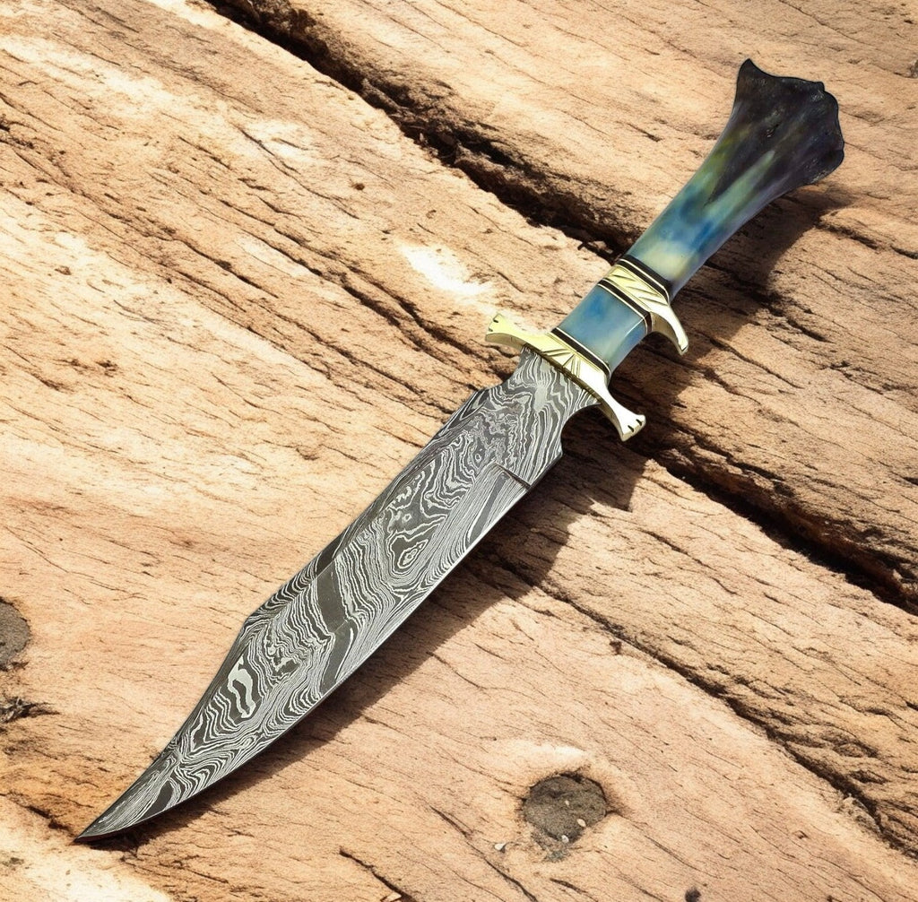 Handmade Damascus Bowie Knife with Colored Bone Handle
