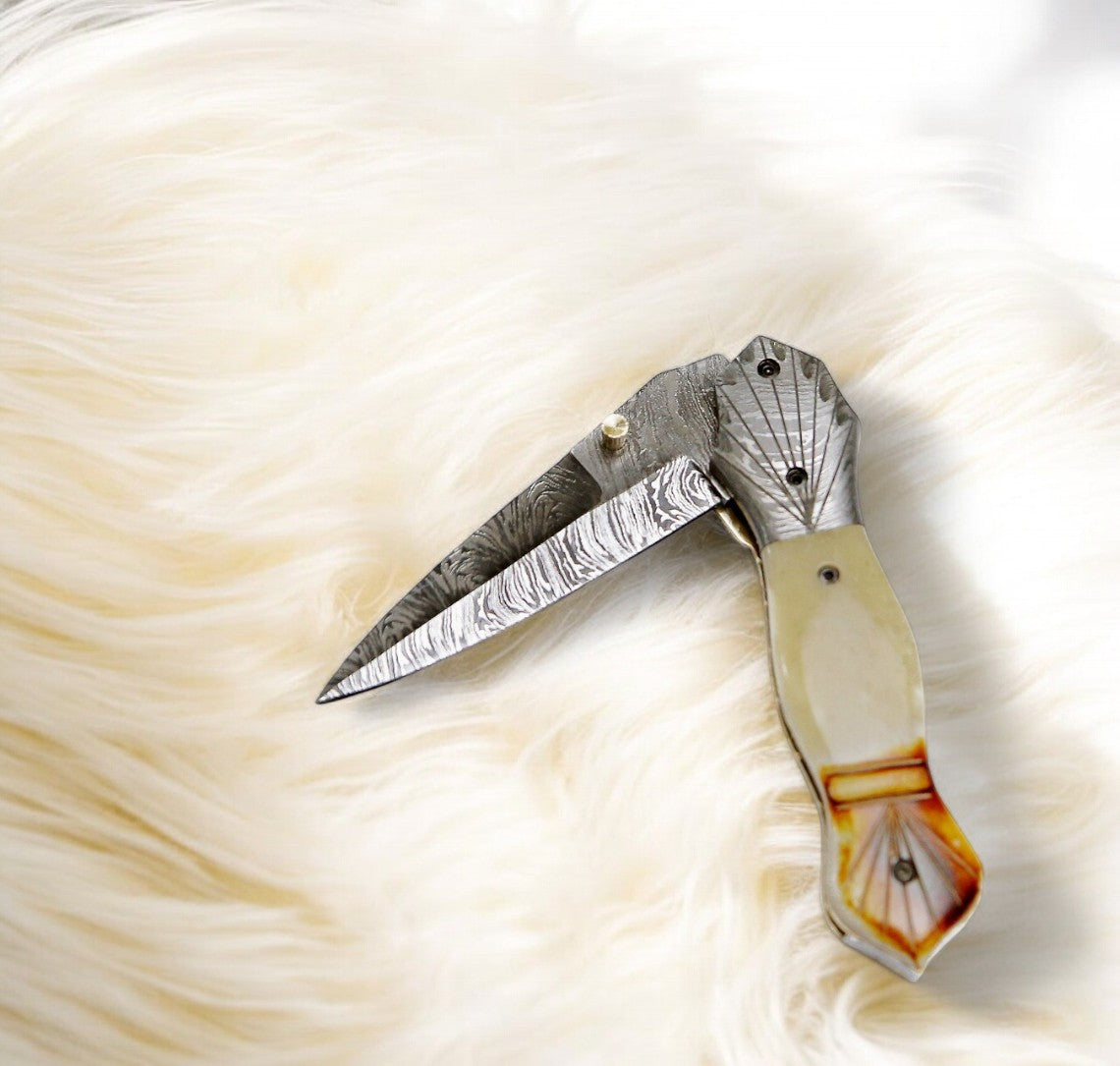 Handmade Damascus Folding Knife – Bone Handle, 3" Blade