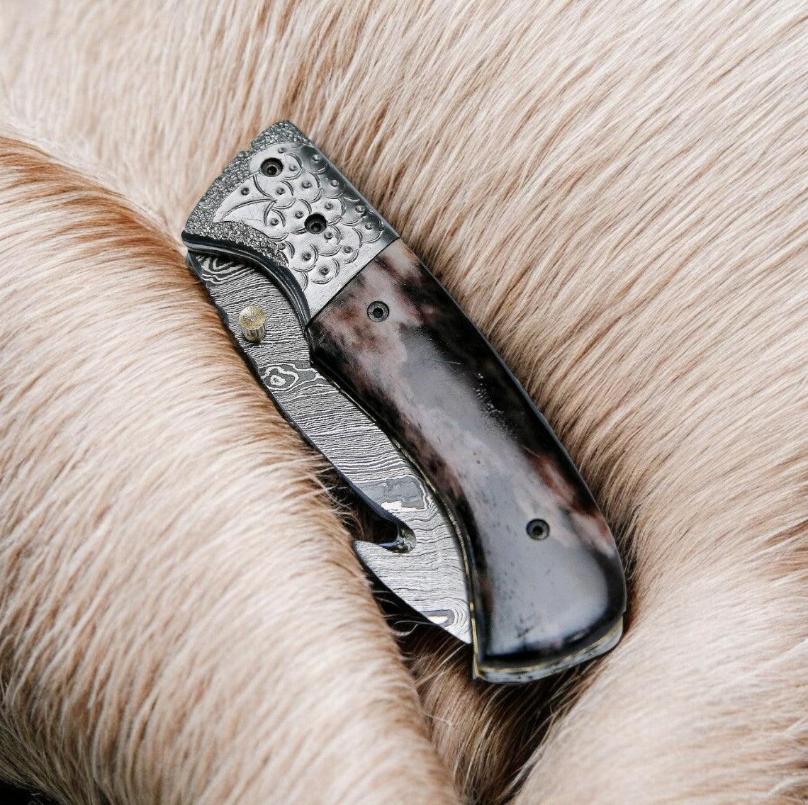 Custom Handmade Damascus Pocket Knife – Colored Bone Handle