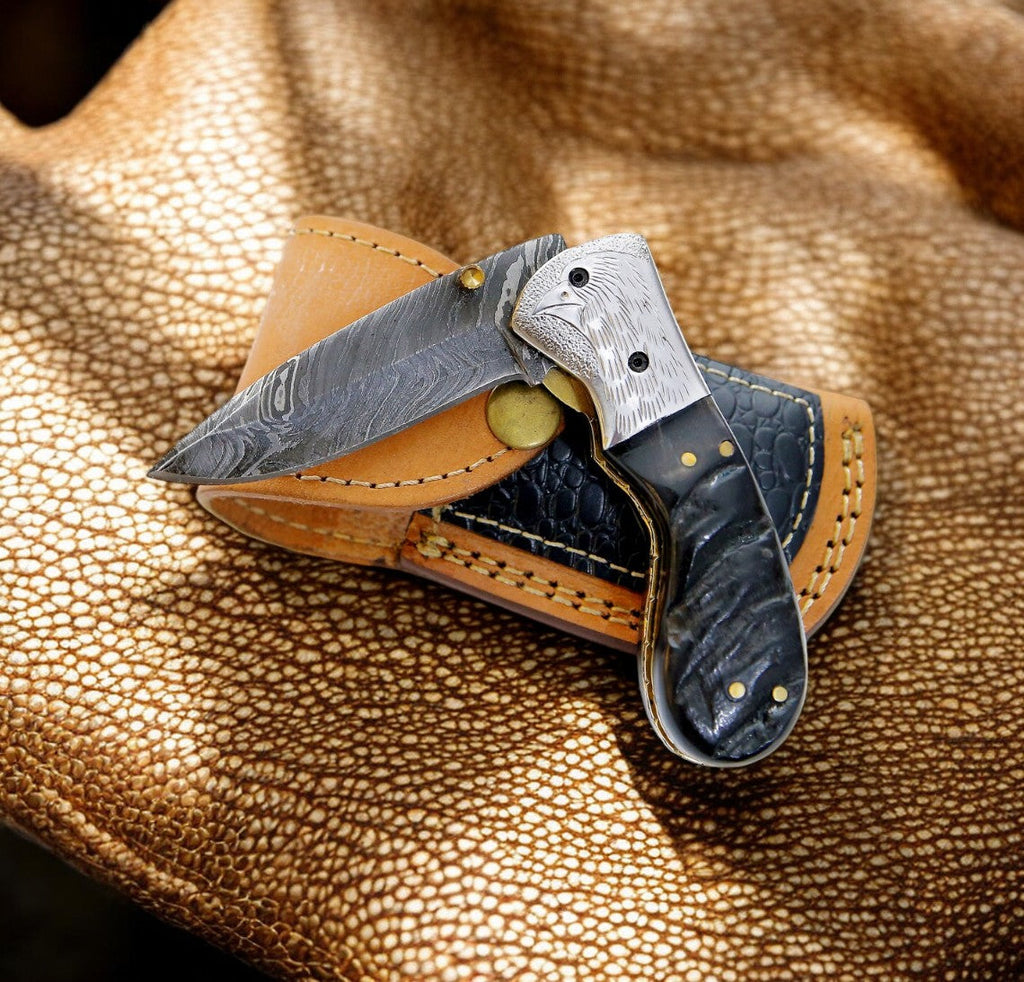 Handmade Damascus Pocket Knife – Sheep Horn Handle