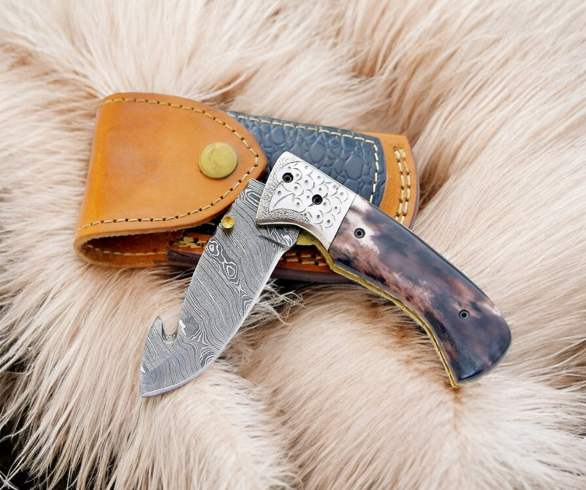Custom Handmade Damascus Pocket Knife – Colored Bone Handle