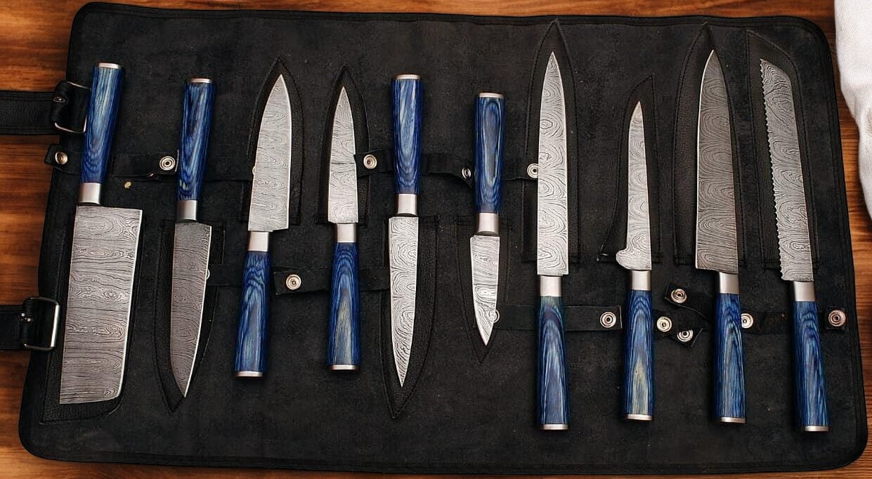 Handmade Damascus Steel Kitchen Knives Set with Leather Roll