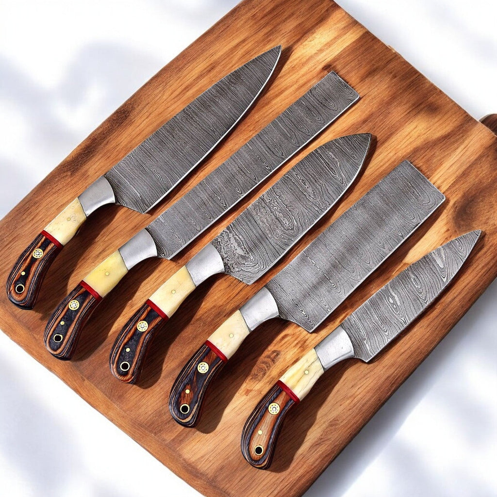 Handmade Damascus Steel Kitchen Knives Set with Leather Roll