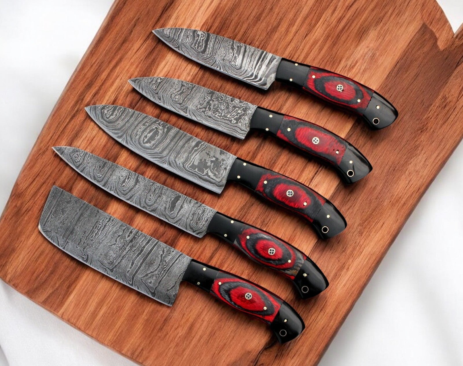 Handmade Damascus Kitchen Knives Set – Exotic Wood & G10