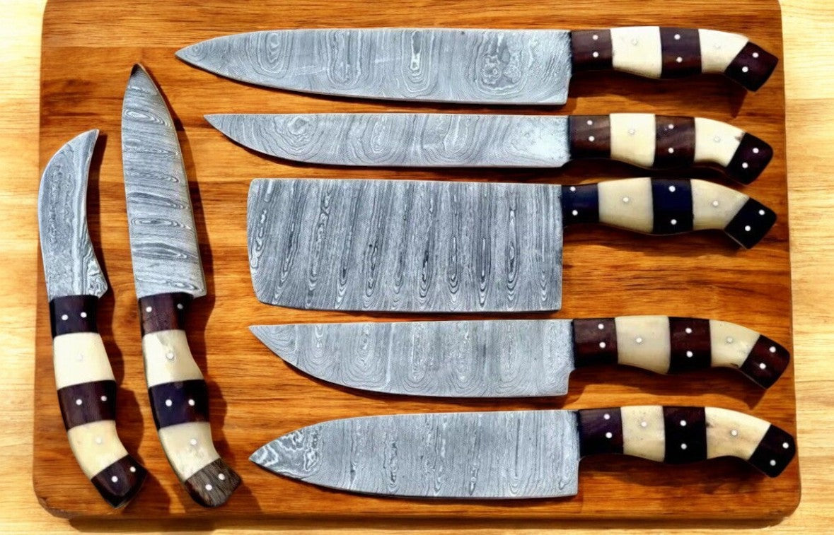 Handmade Damascus Kitchen Knives Set – Bone & Rosewood