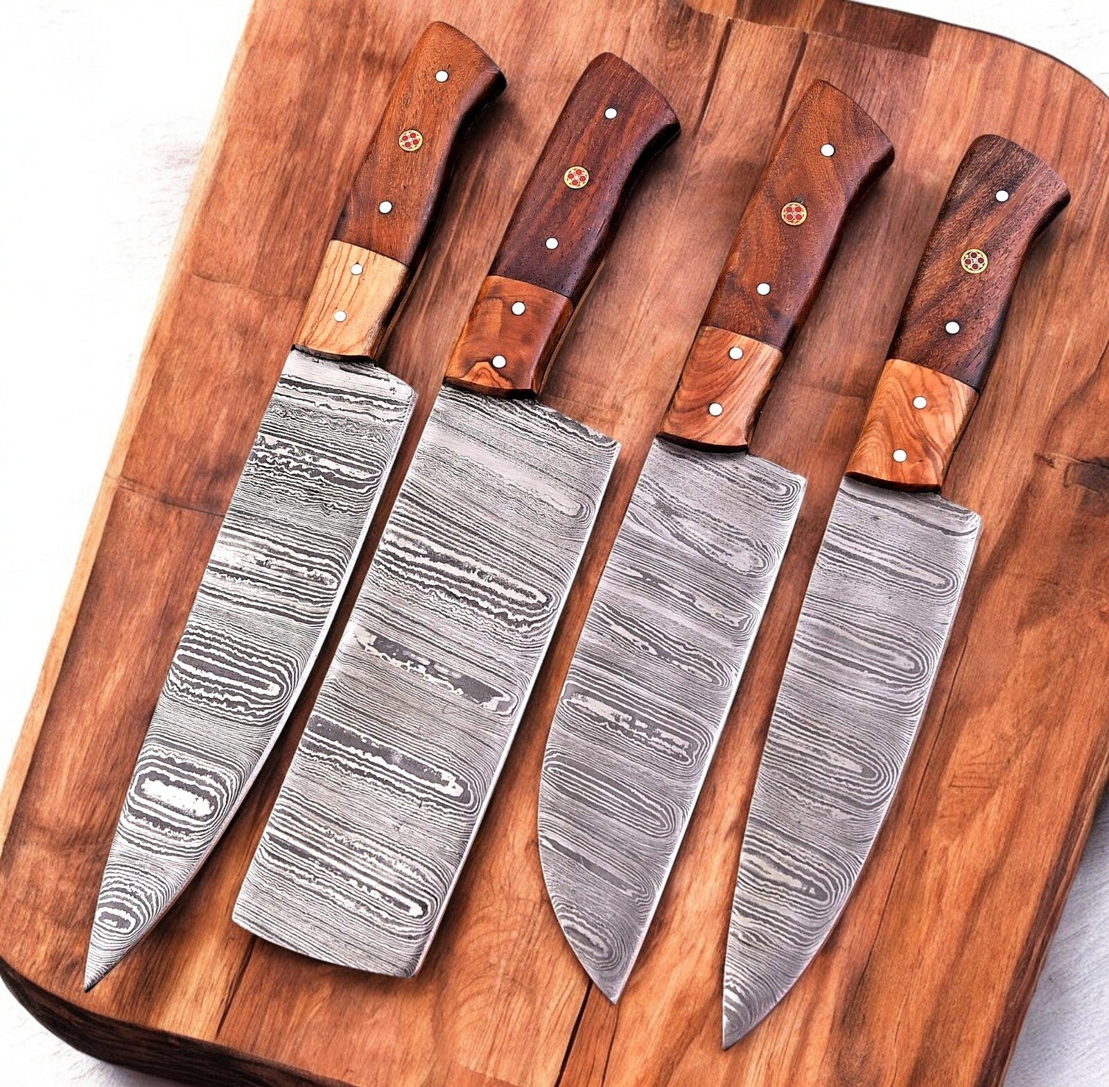 Handmade Damascus Kitchen Knives Set – Olive & Rosewood
