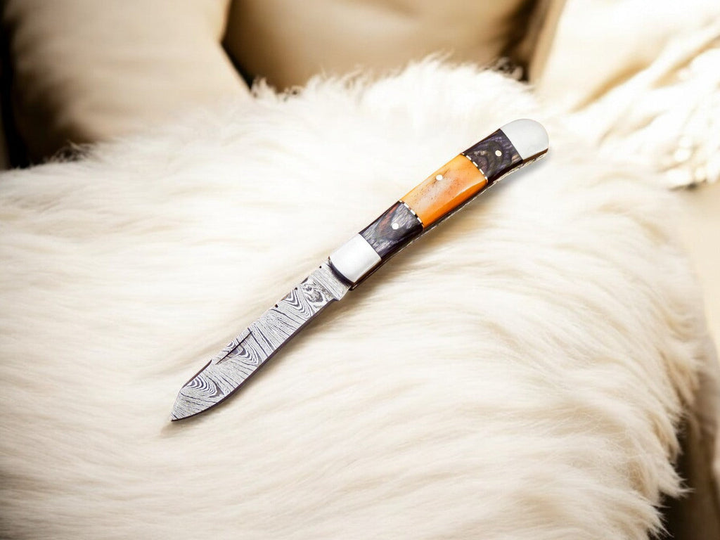 Handmade Damascus Pocket Knife – Exotic Wood & Bone