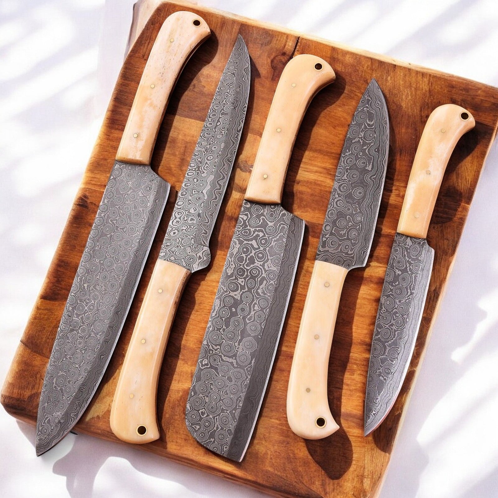 Handmade Damascus Kitchen Knives Set with Bone Handles