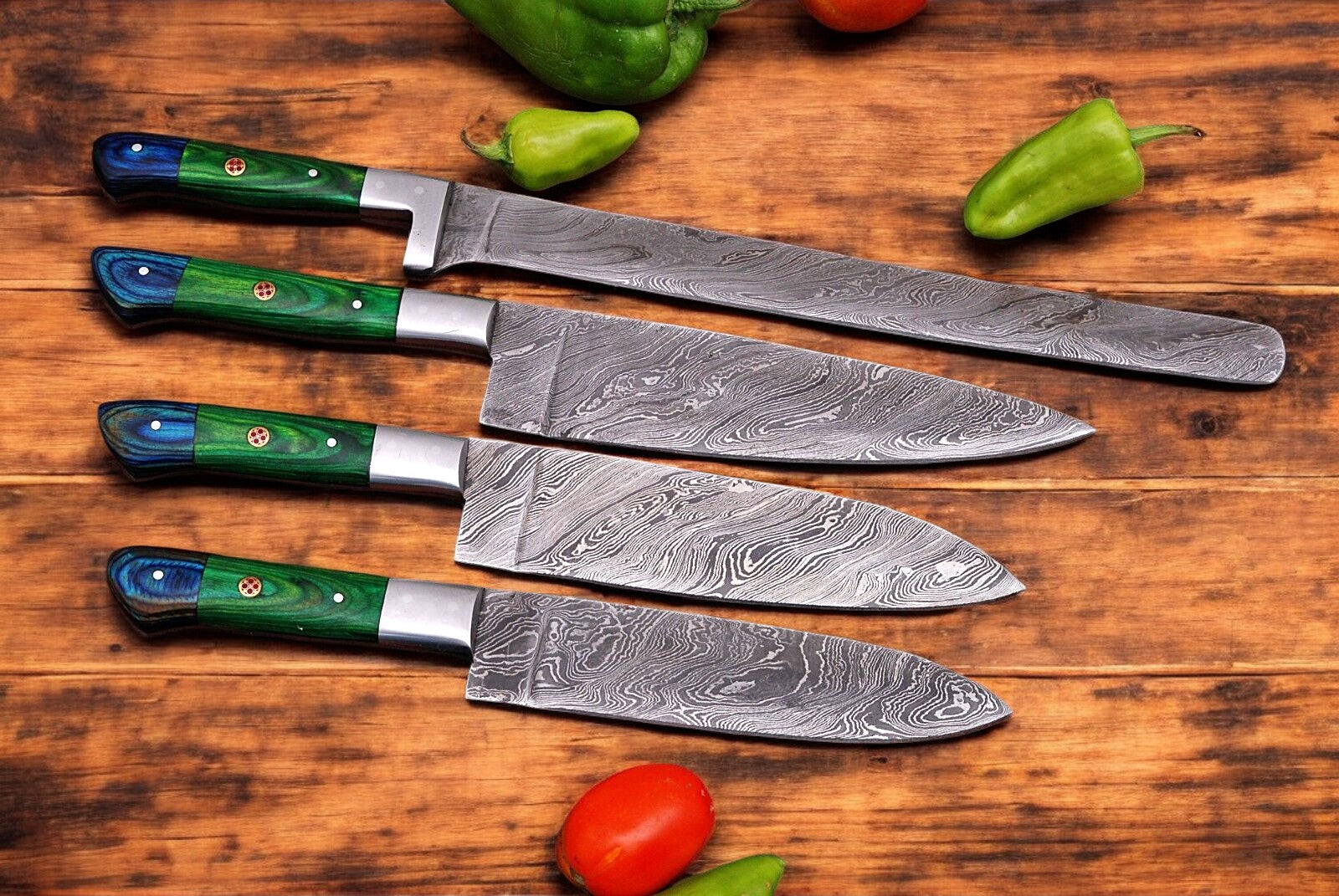 Handmade Damascus Kitchen Knives Set with Leather Roll