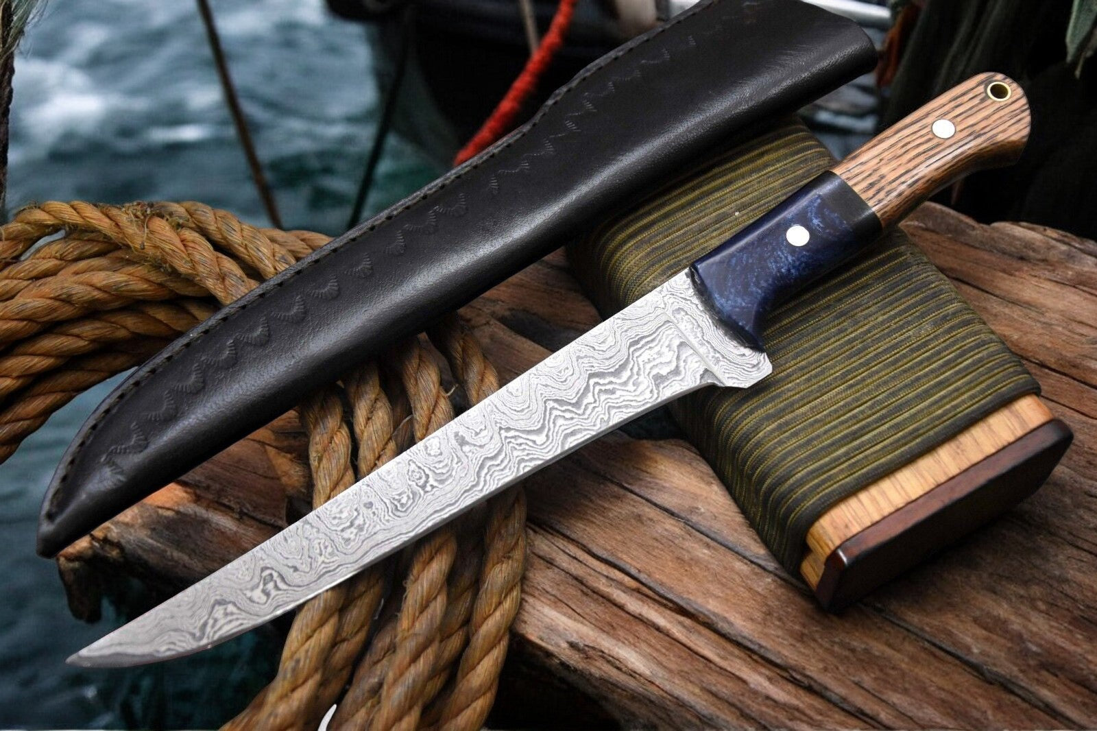 Handmade Damascus Fillet Knife – Olivewood & Resin Handle