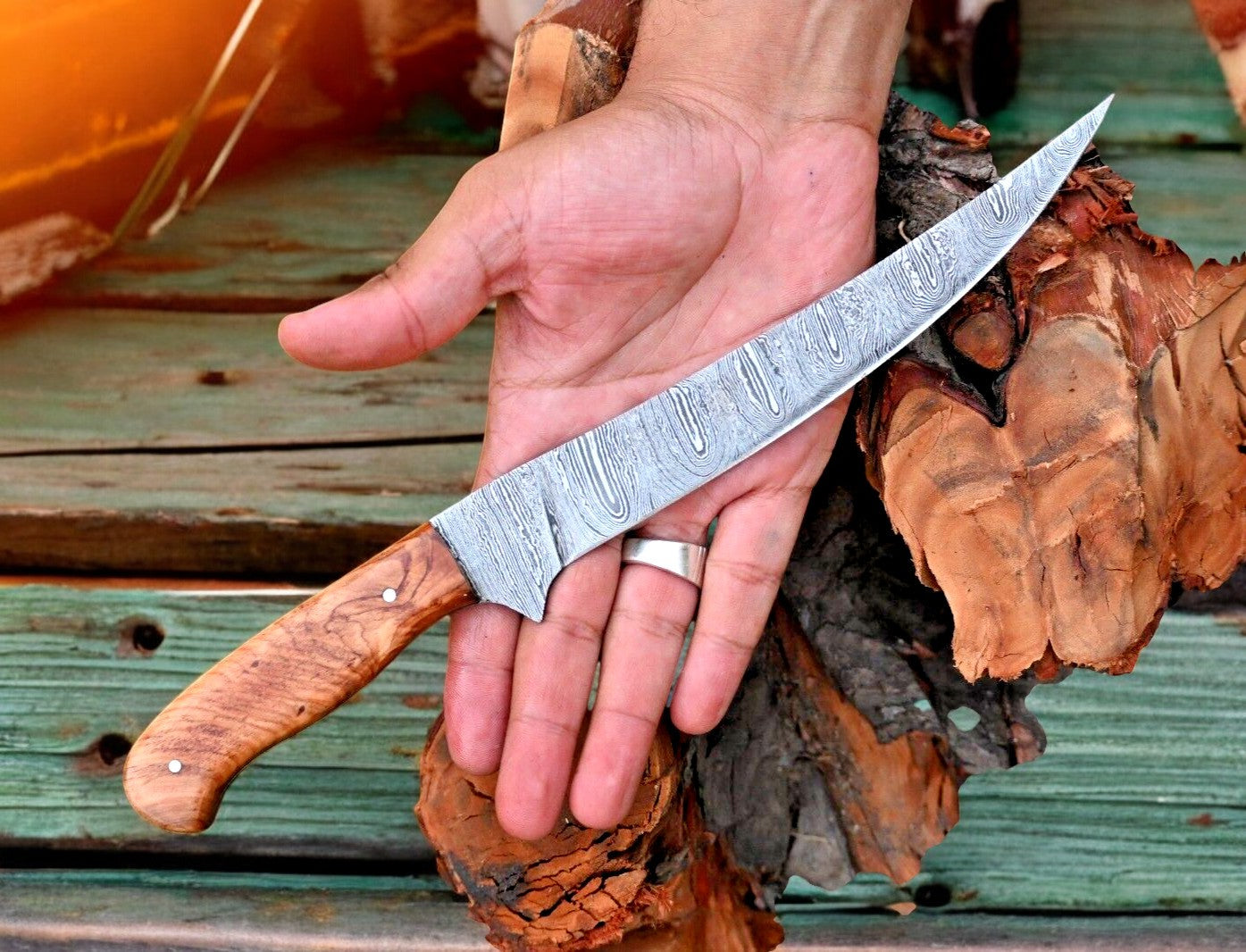 Handmade Damascus Fillet Knife – 12.6" Olivewood Handle