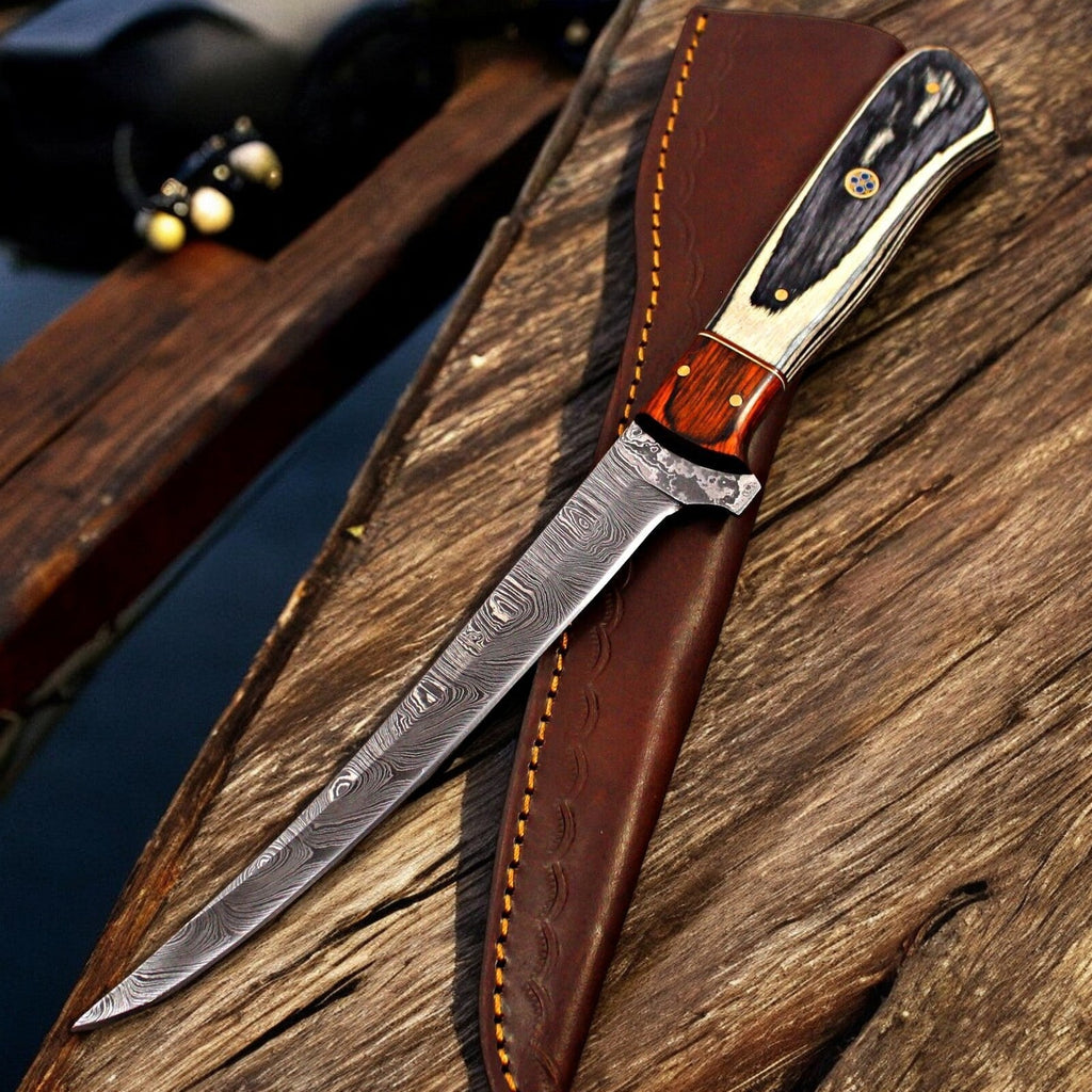 Handmade Damascus Fillet Knife with Antler Horn Handle