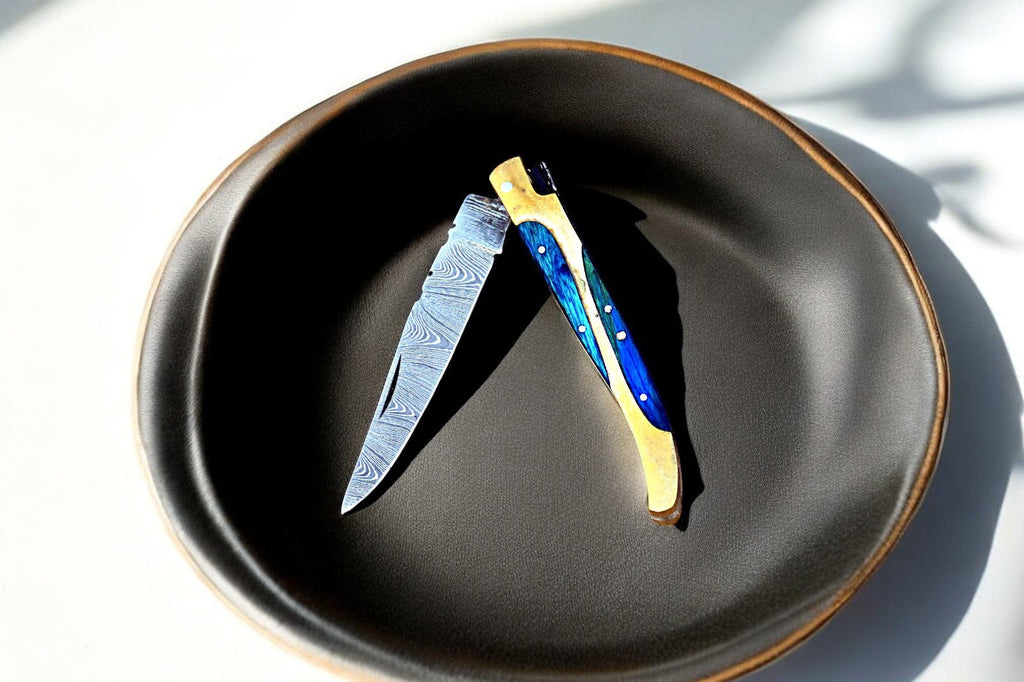 Handmade Damascus Folding Knife with Wood & Brass Handle