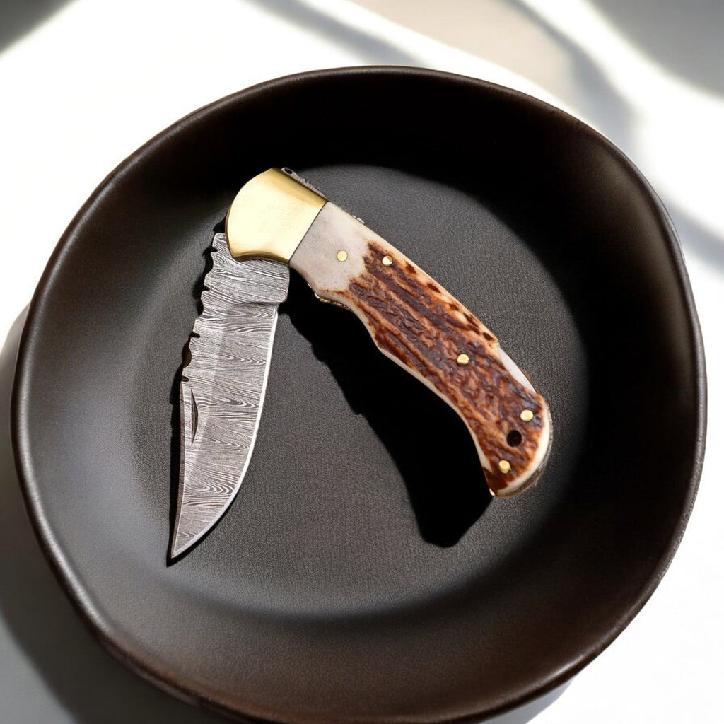 Custom Handmade Damascus Steel Folding Knife with Antler Horn Handle