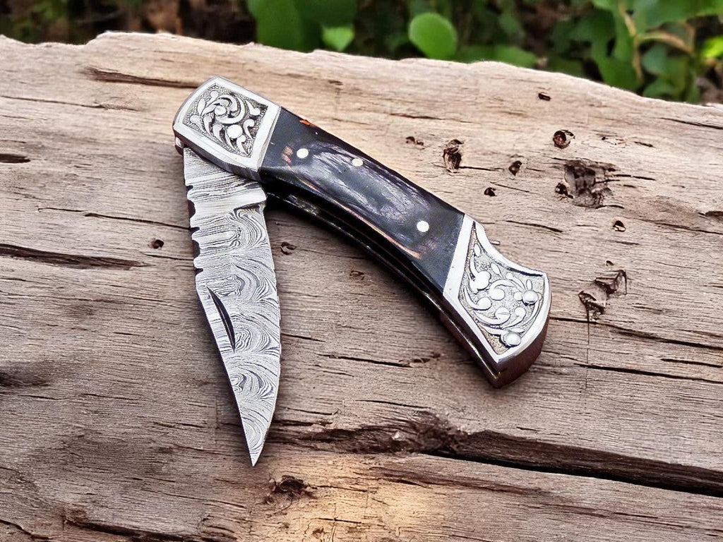 Handmade Damascus Pocket Knife with Black Wood Handle