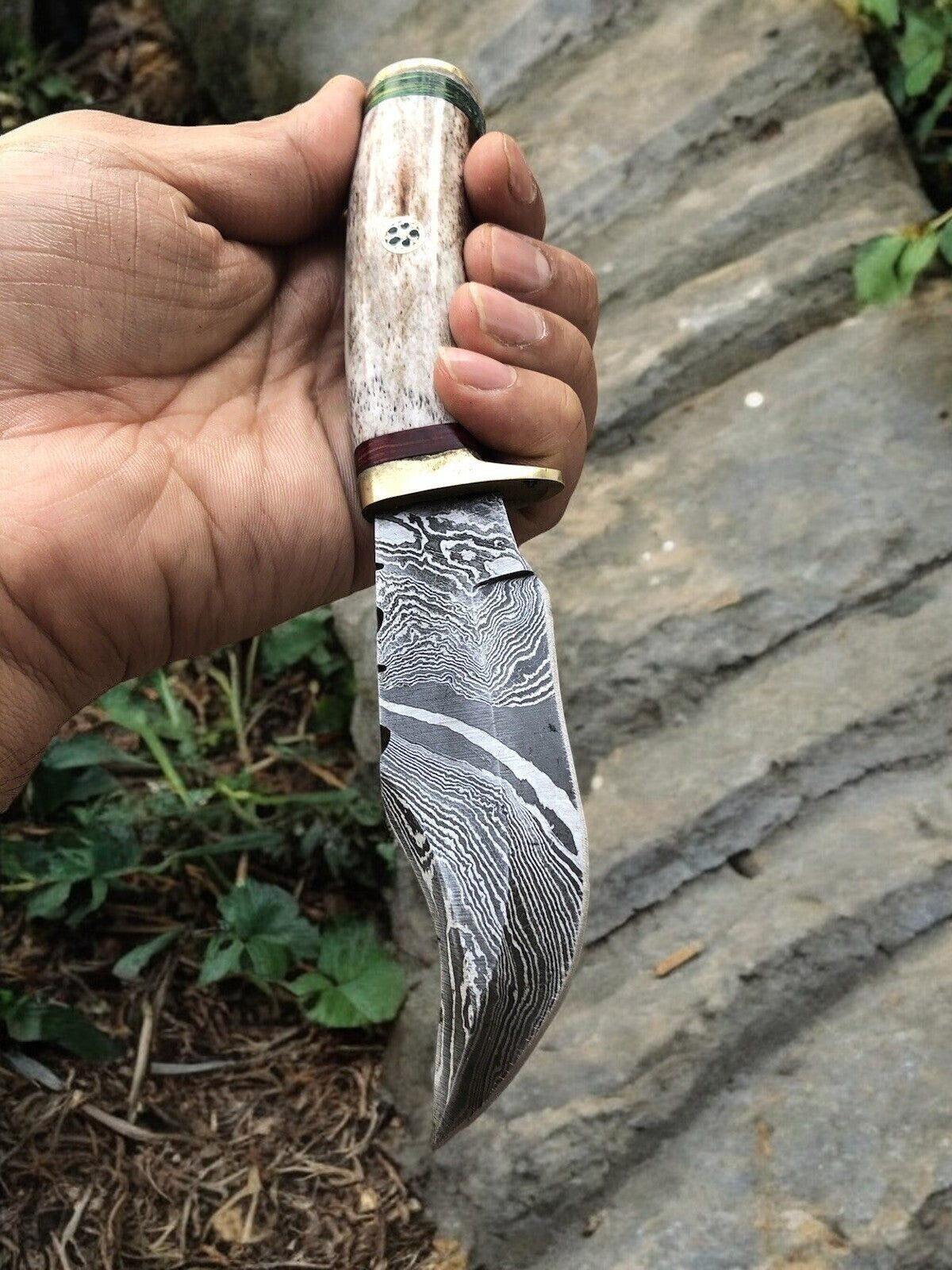 Custom Handmade Damascus Hunting Knife – 7.5” with Bone Handle