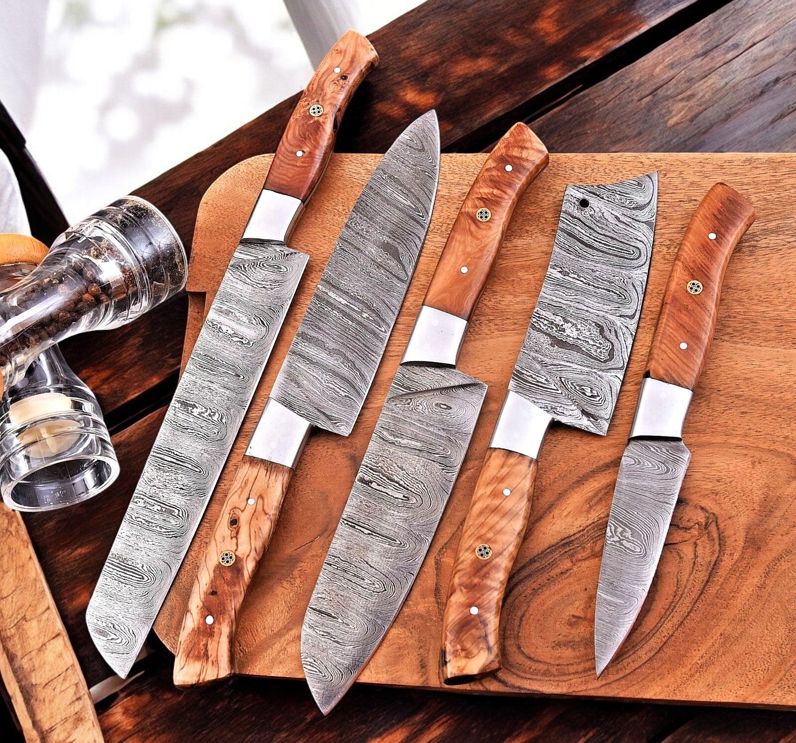 Handmade Damascus Kitchen Knives Set – Olivewood Handles