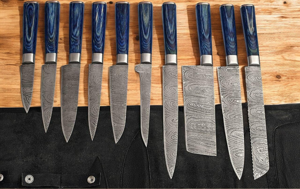 Handmade Damascus Steel Kitchen Knives Set with Leather Roll