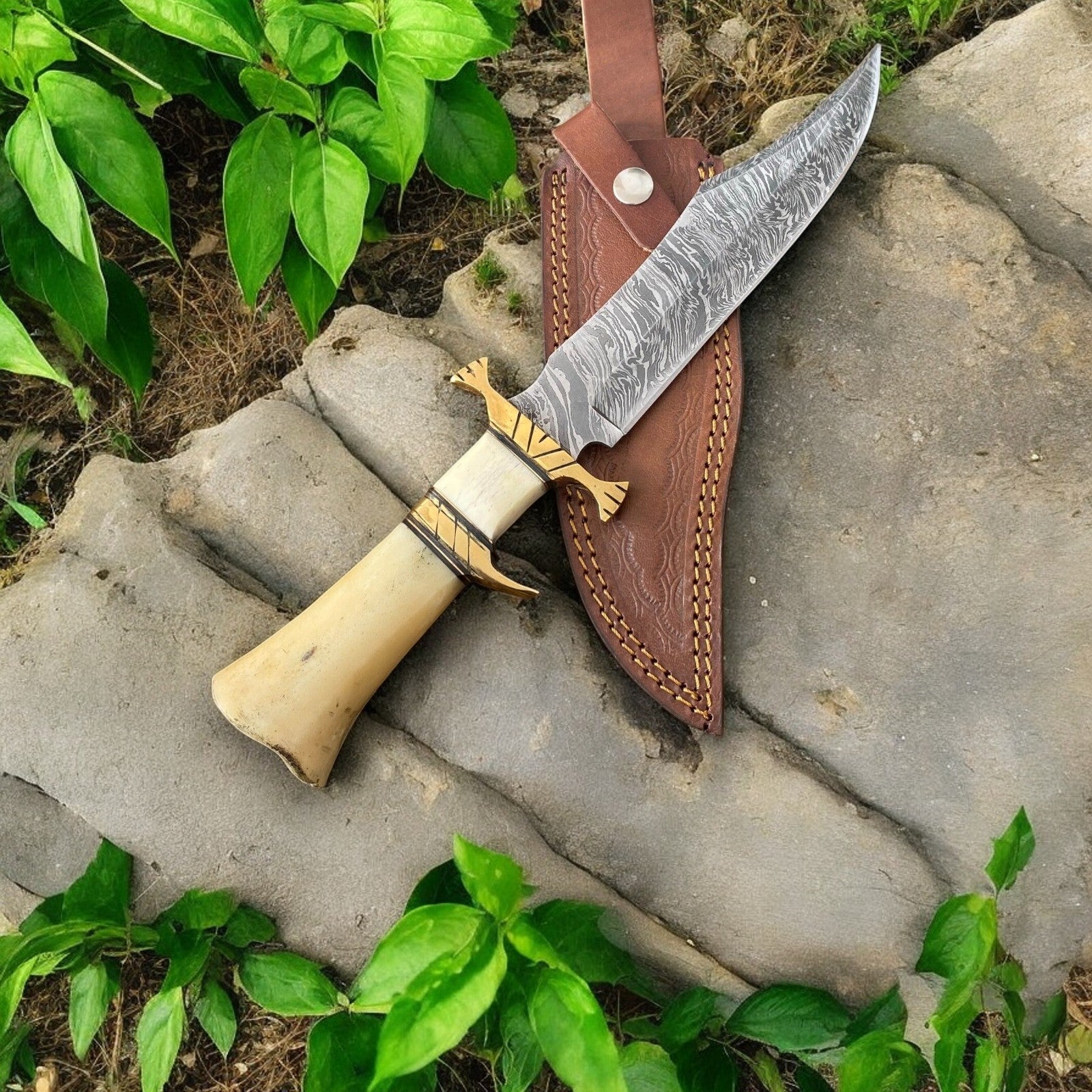 Handmade Damascus Bowie Knife – 10" Bone Handle Blade
