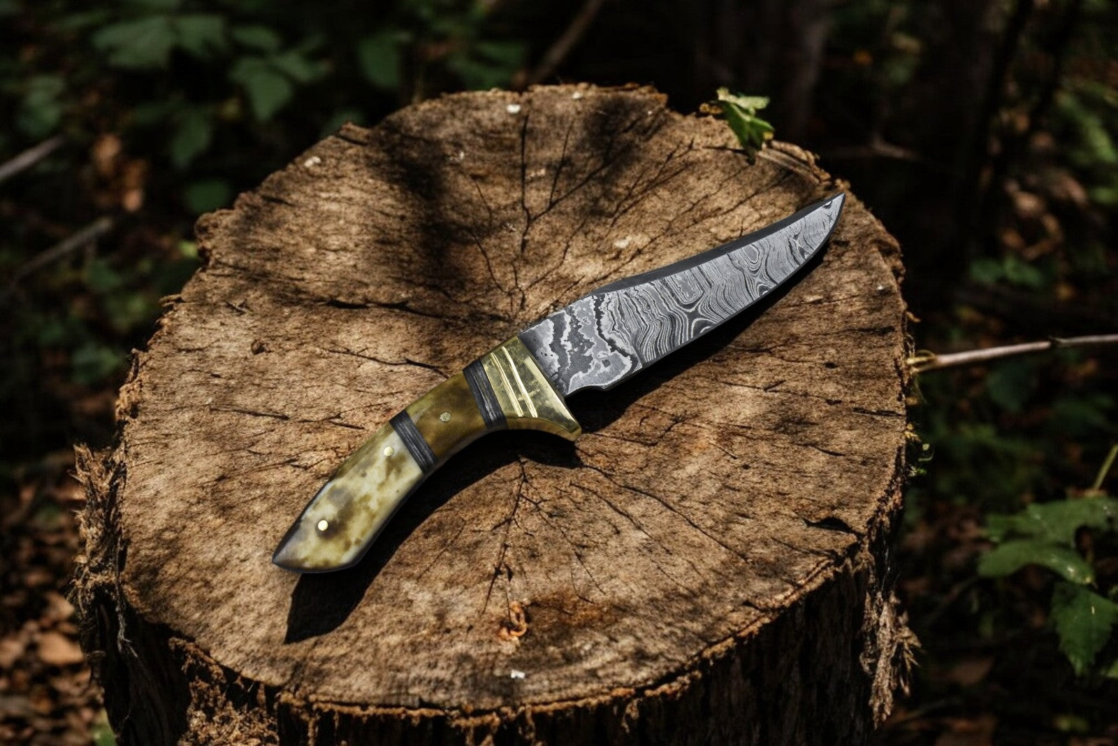 Handmade Damascus Skinning Knife with Bone & Rosewood Handle