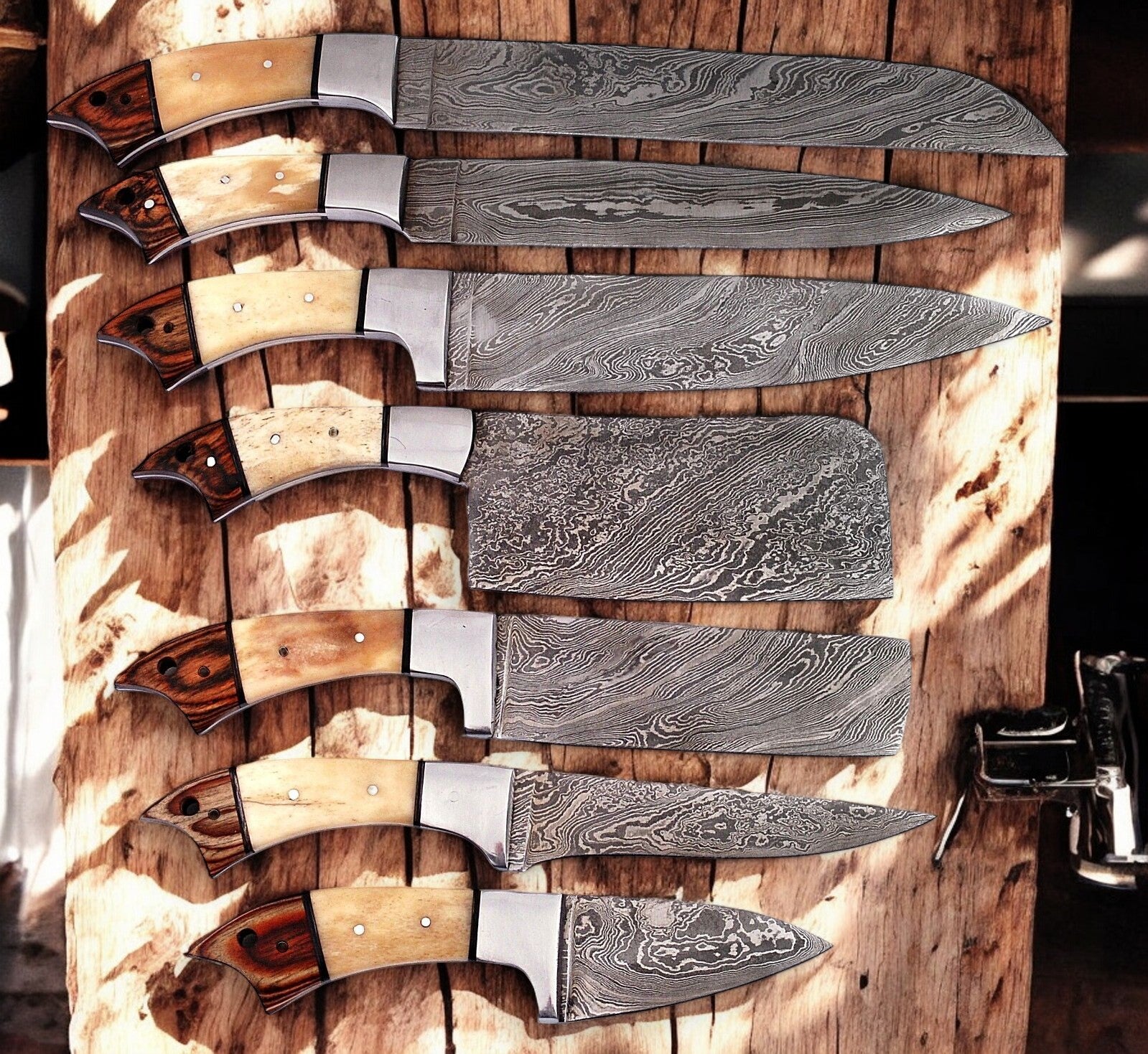 Handmade Damascus Kitchen Knives Set with Leather Roll