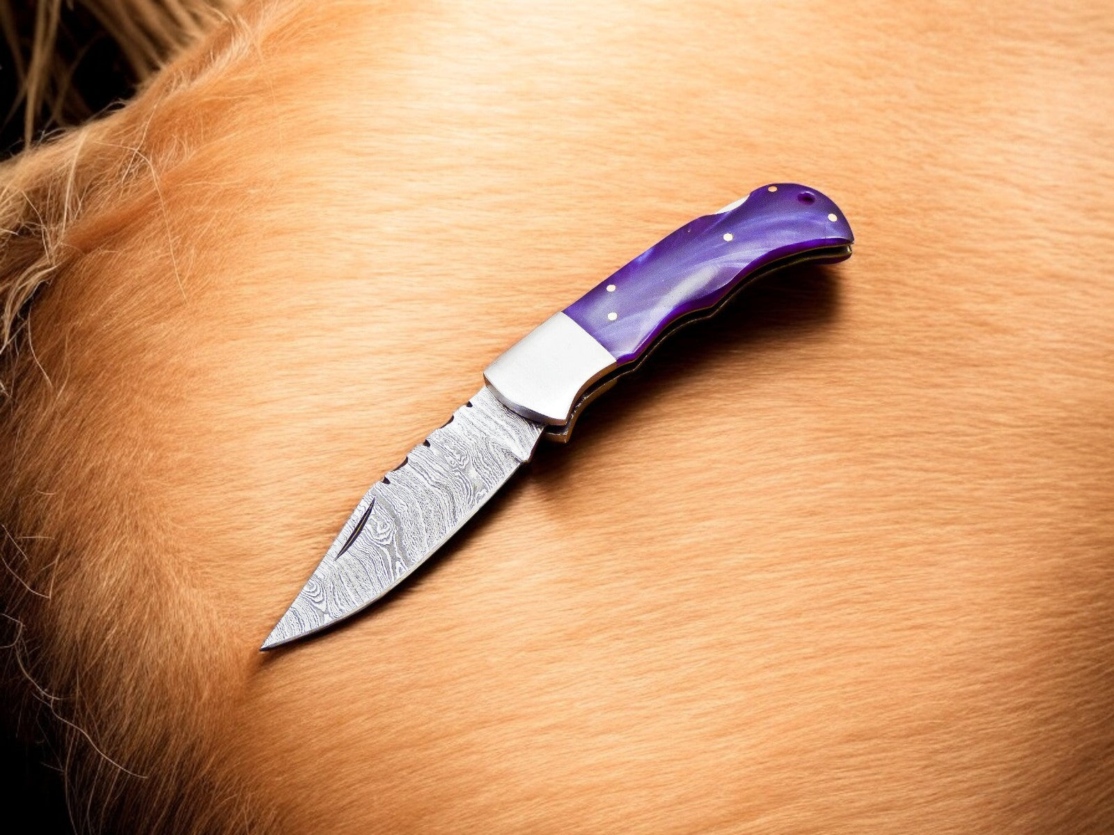 Custom Handmade Damascus Pocket Knife – Colored Bone Handle