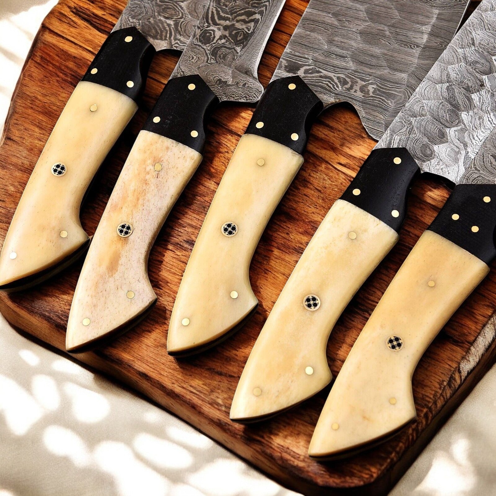 Handmade Damascus Kitchen Knives Set | Bone & Horn Handles