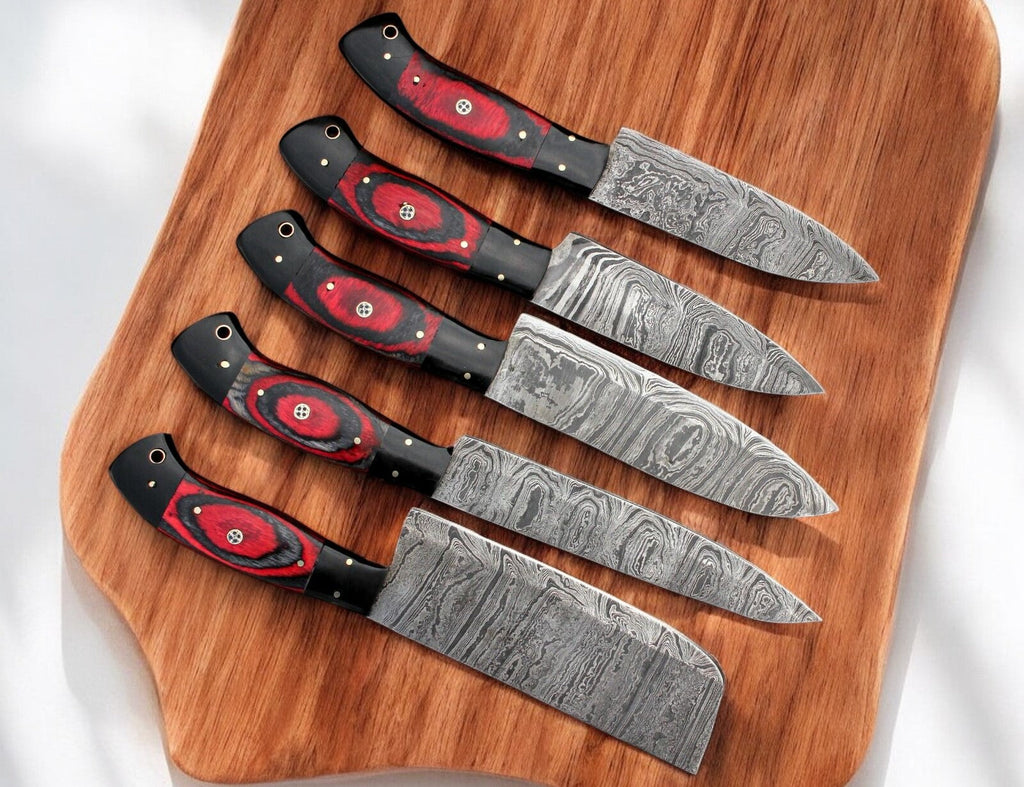 Handmade Damascus Kitchen Knives Set – Exotic Wood & G10