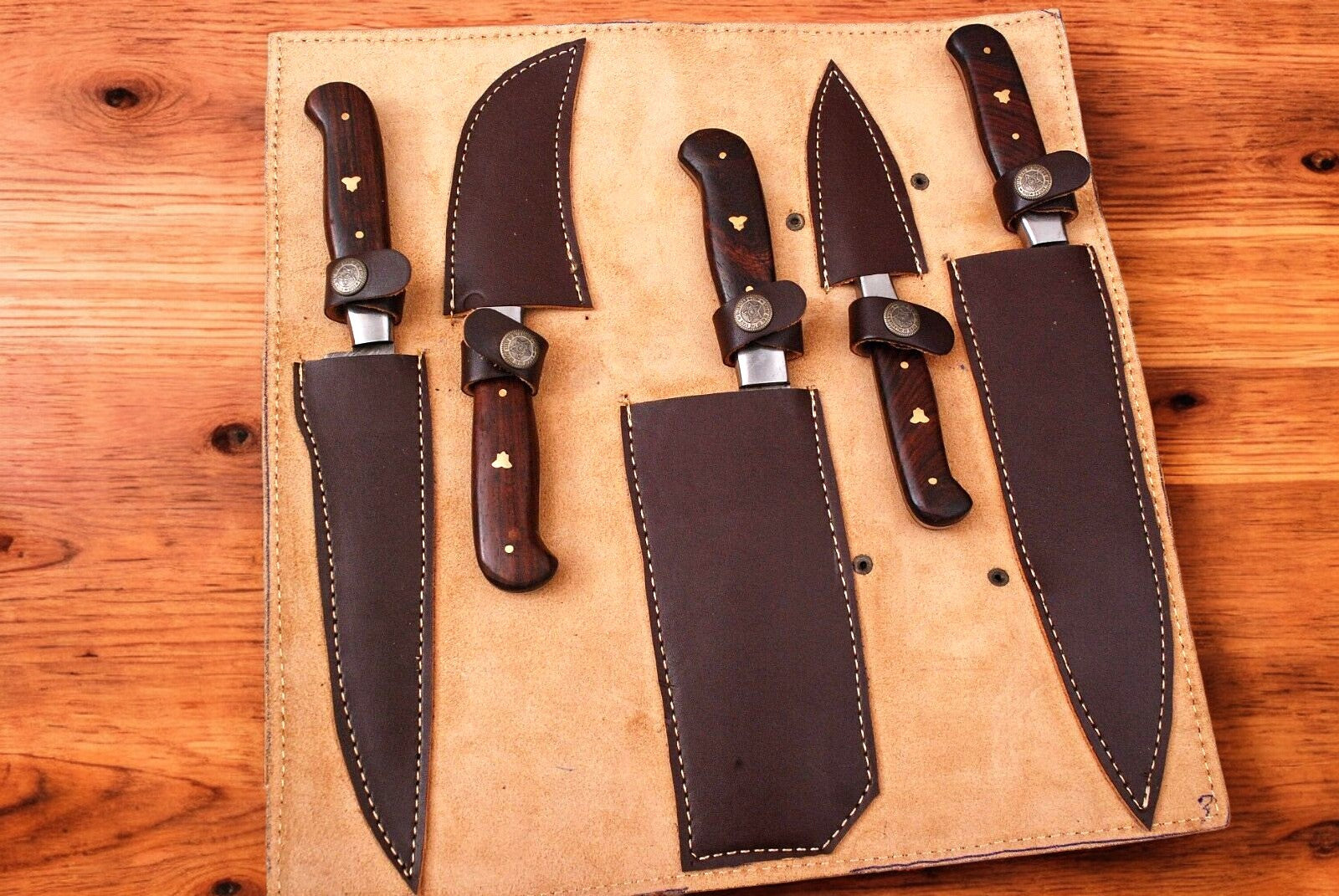 Handmade Damascus Kitchen Knives Set with Leather Roll