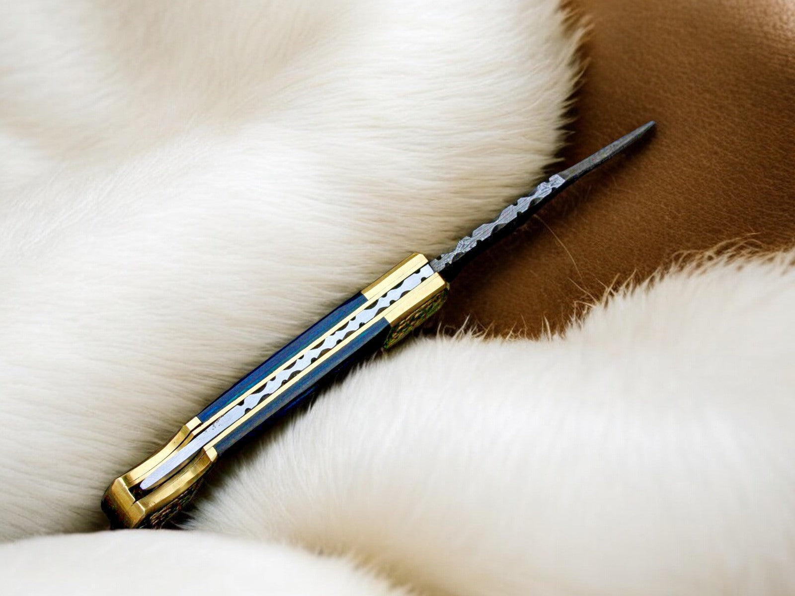 Exotic Blue Wood Damascus Pocket Knife | Back Lock