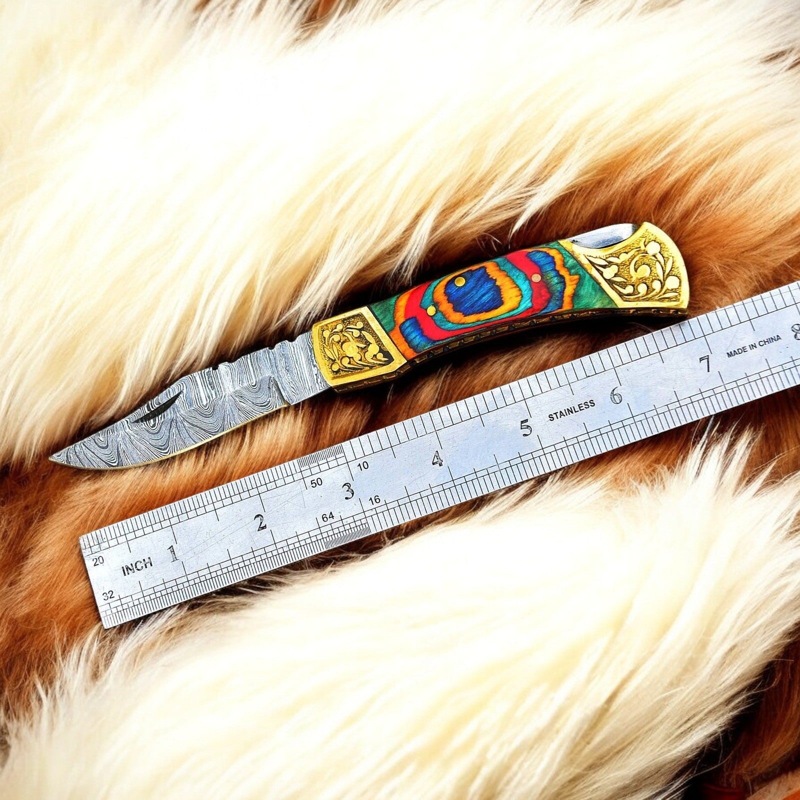 Custom Handmade Damascus Pocket Knife with Multi-Color Wood Handle