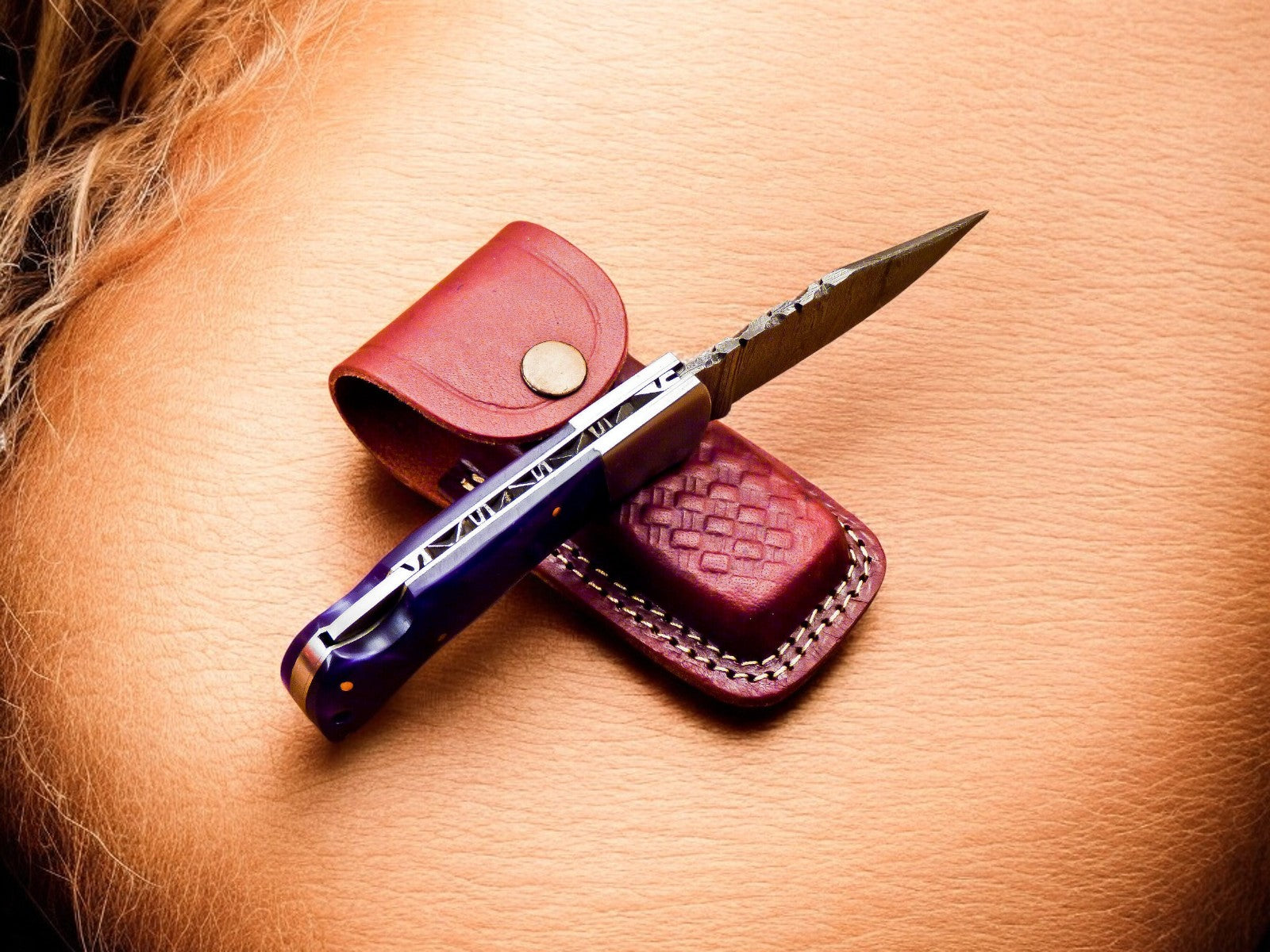 Custom Handmade Damascus Pocket Knife – Colored Bone Handle