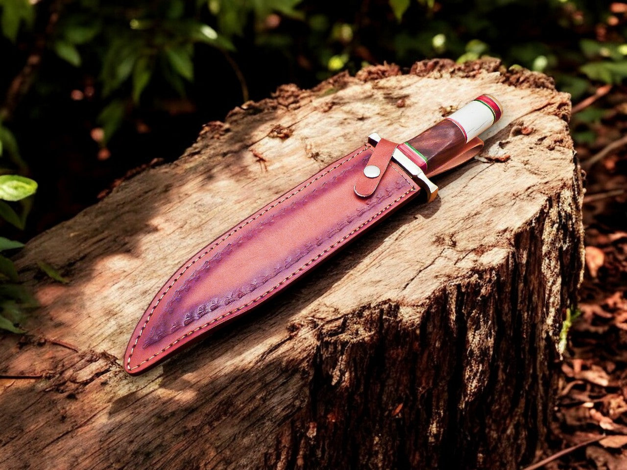 Handmade Damascus Bowie Knife – Bone & Rosewood Handle