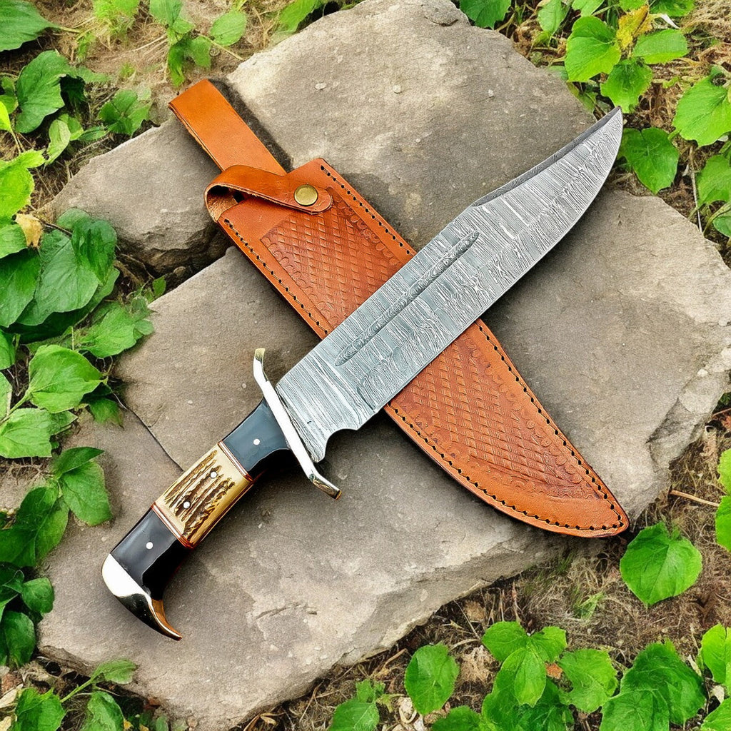 Handmade Damascus Bowie Knife – 15" with Wenge & Antler