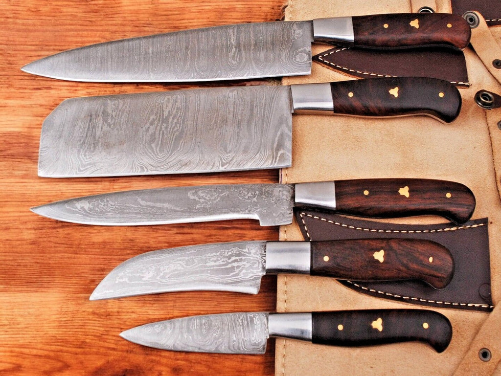 Handmade Damascus Kitchen Knives Set with Leather Roll